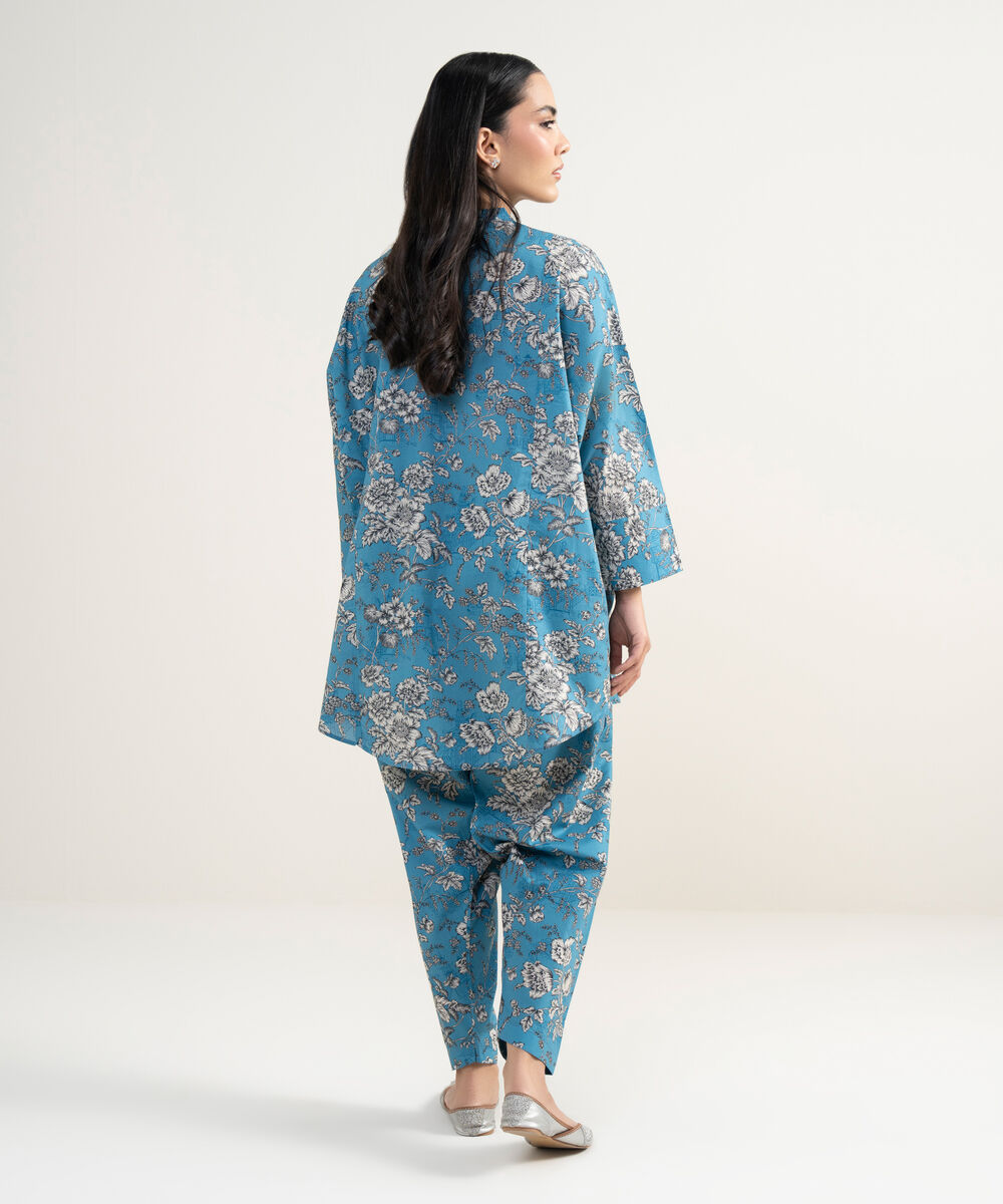 Women's RTW Cambric Printed Blue Drop Shoulder Shirt