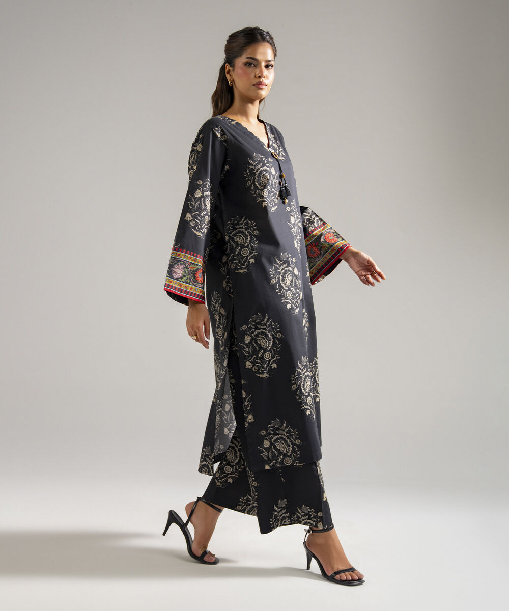 Women's RTW Lawn Printed Black Straight Shirt