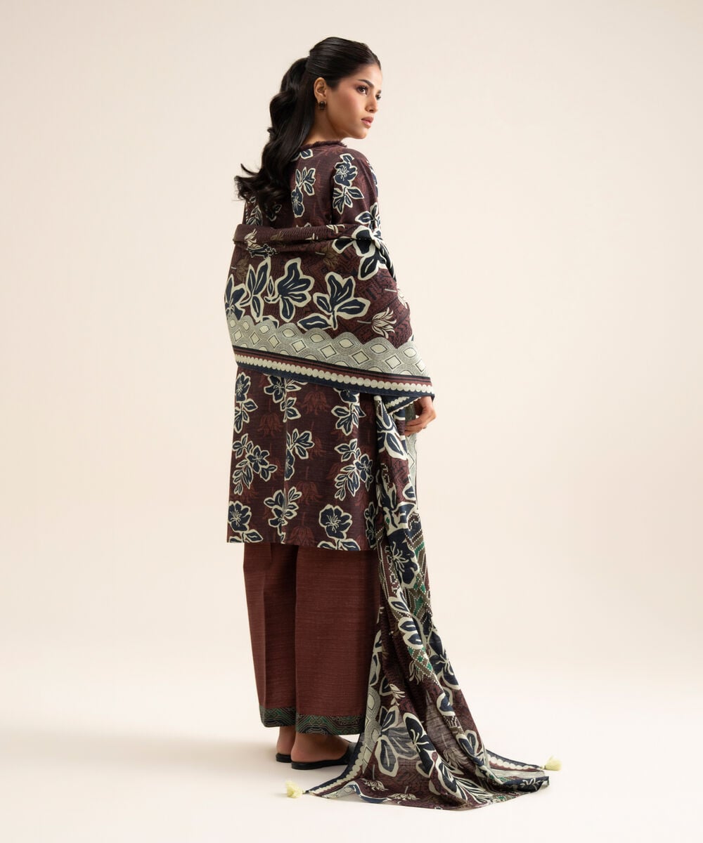 Women's Unstitched Light Khaddar Printed Brown 3 Piece Suit