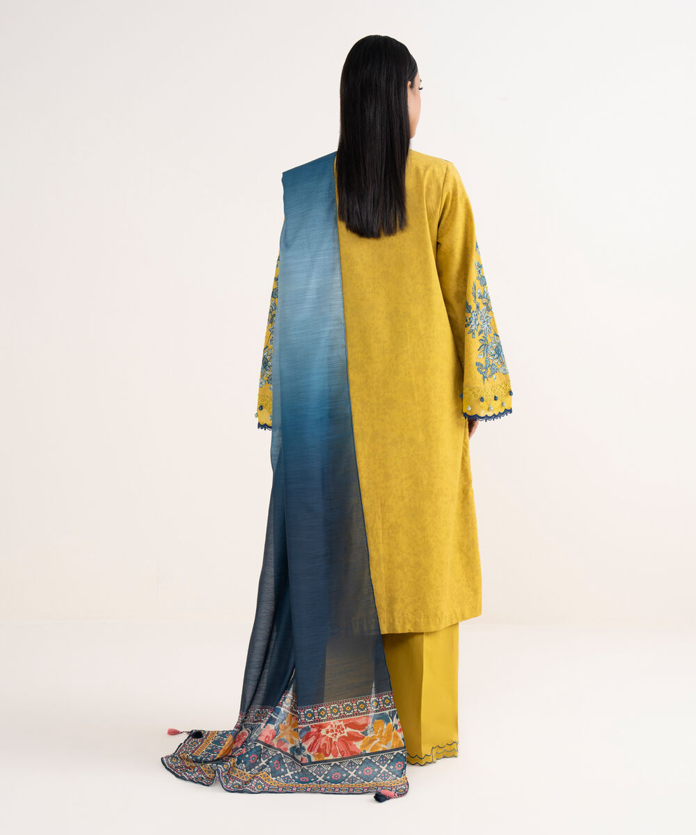 Women's Unstitched Cotton Jacquard Embroidered Yellow 3 Piece Suit