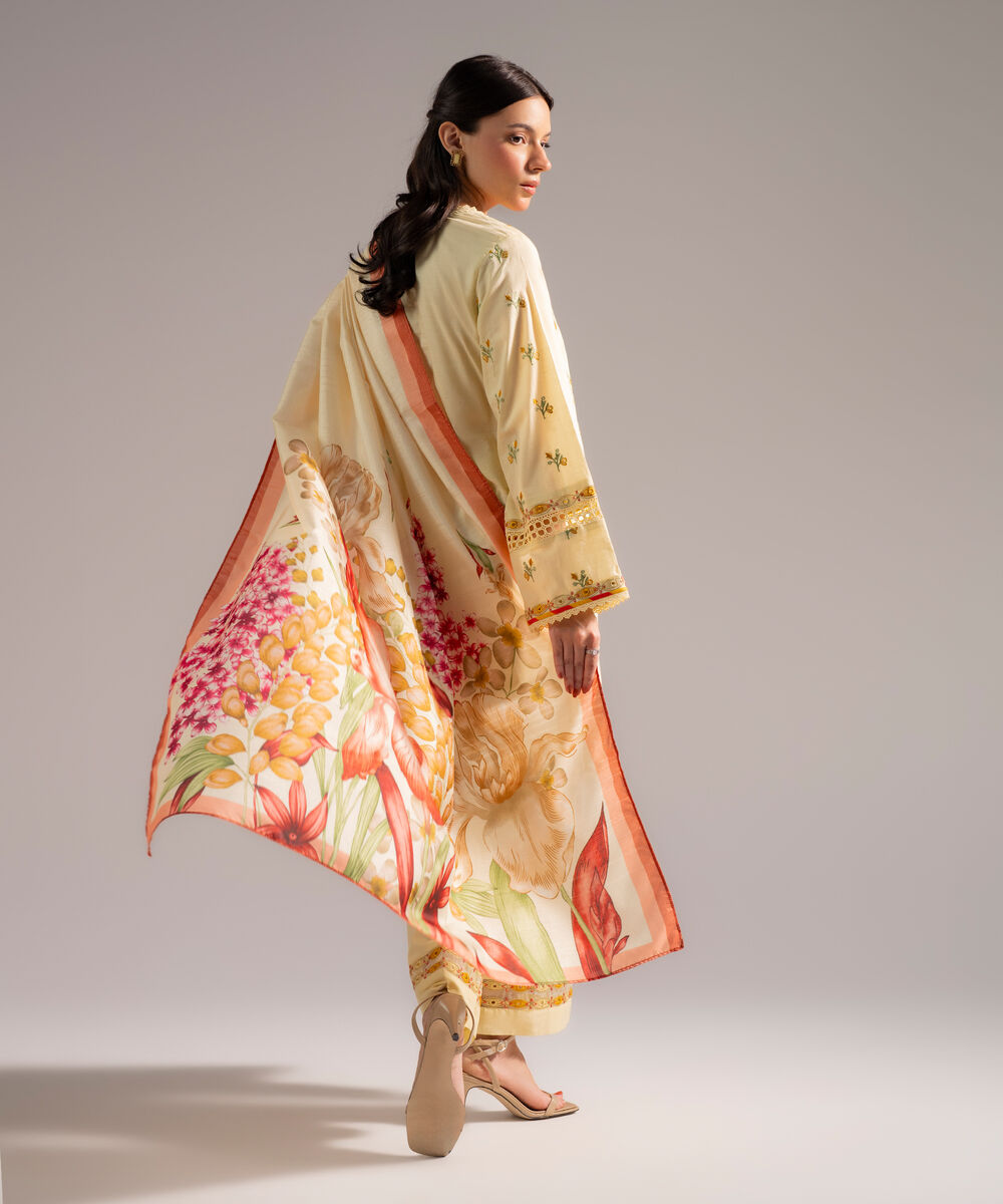 Women's RTW Slub Lawn Embroidered Pale Yellow 3 Piece Suit