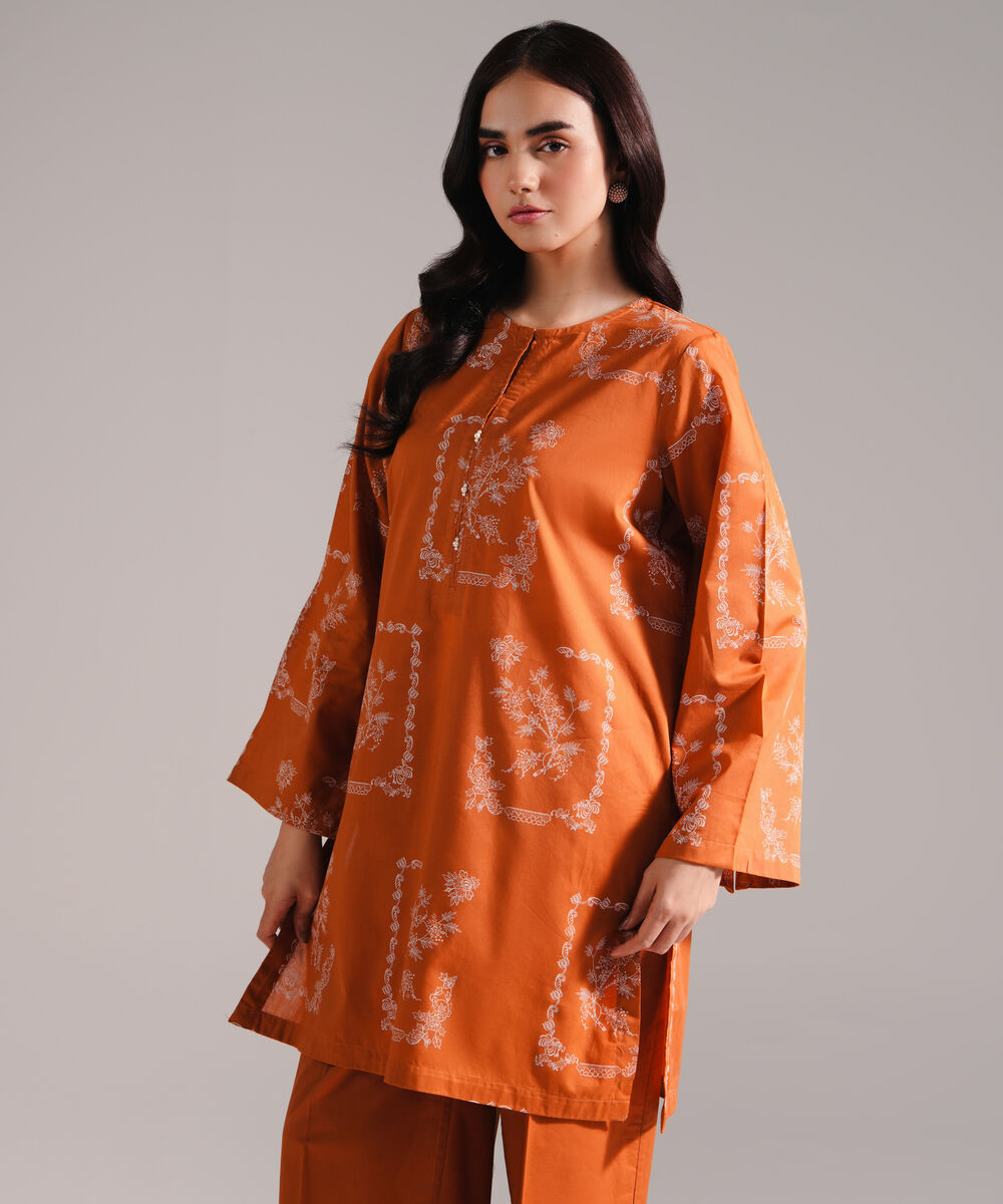 Women's RTW Lawn Printed Rust Straight Shirt