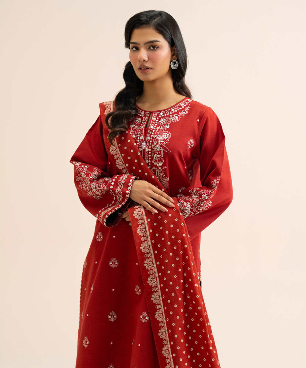 Women's Unstitched Light Khaddar Embroidered Red 3 Piece Suit