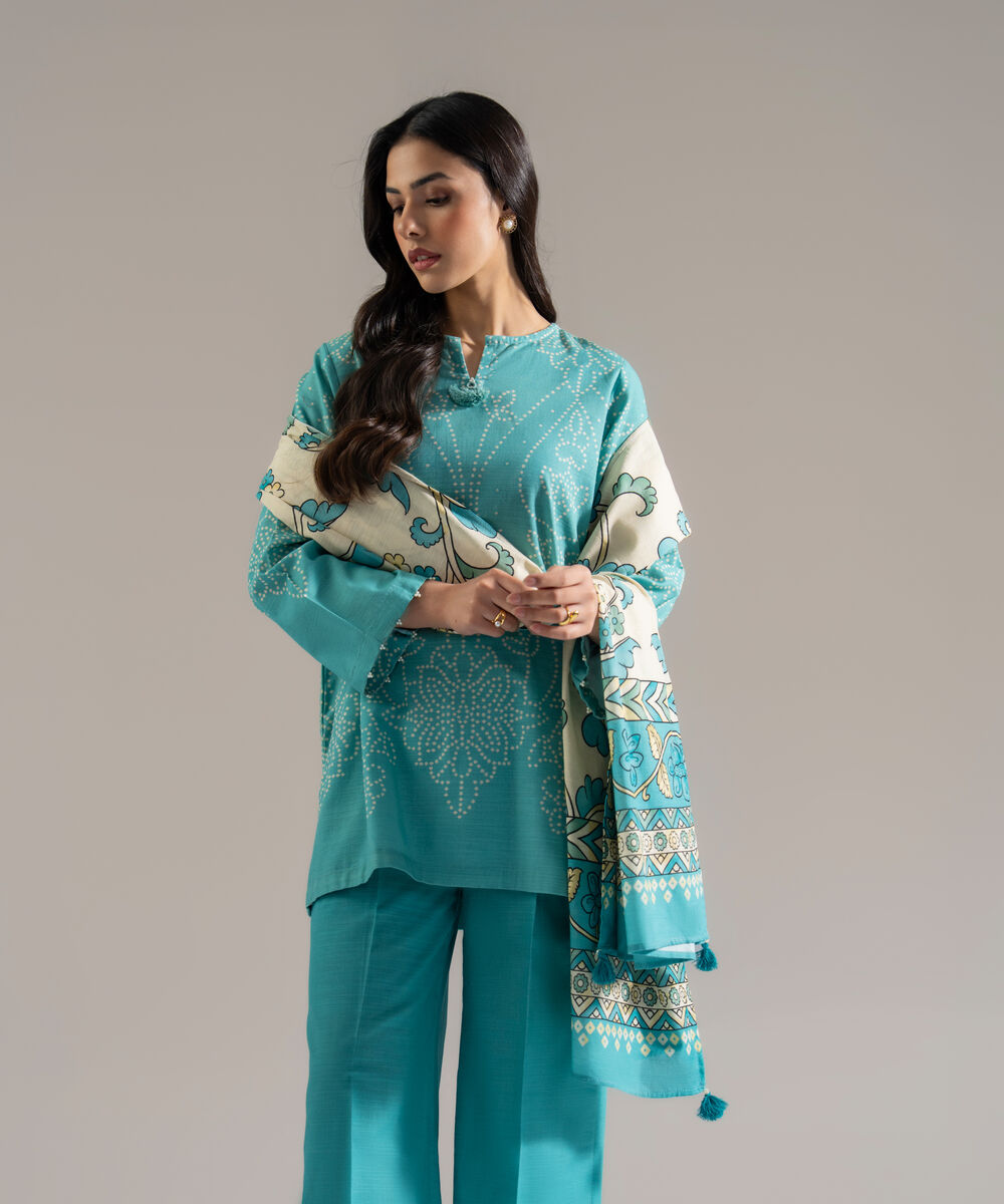 Women's RTW Khaddar Printed Blue 3 Piece Suit