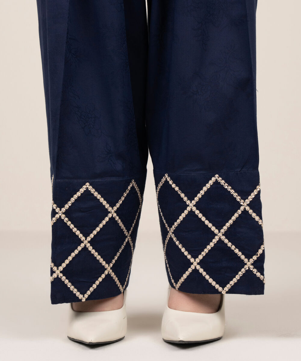 Women's RTW Self Jacquard Embroidered Blue Shalwar