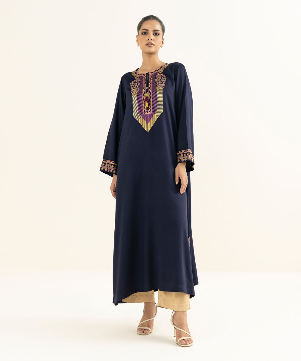 Women's RTW Linen Viscose Embroidered Blue Straight Shirt