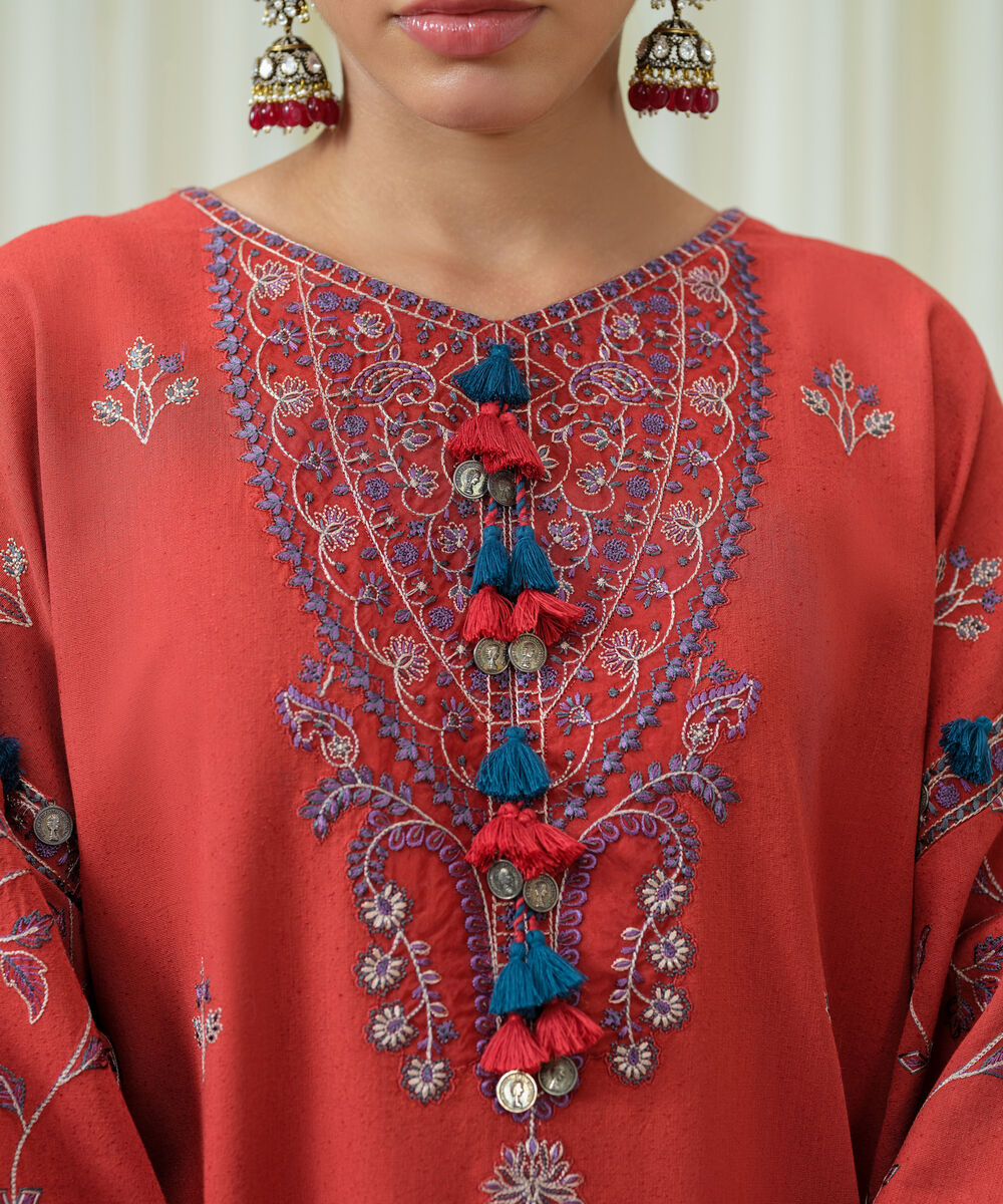 Women's Unstitched Cotton Karandi Embroidered Orange 3 Piece Suit