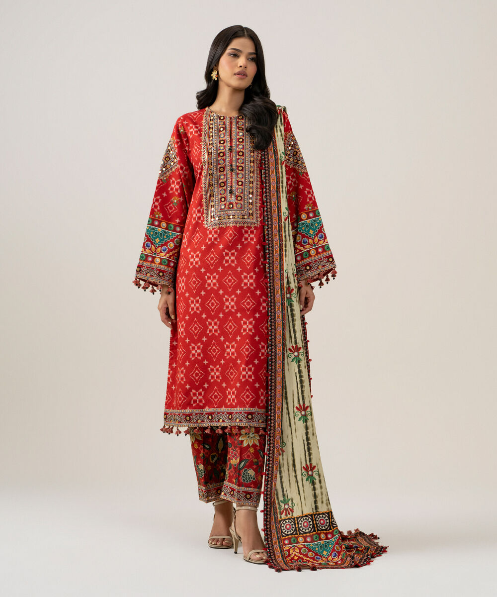 Women's Unstitched Linen Printed Red 3 Piece Suit