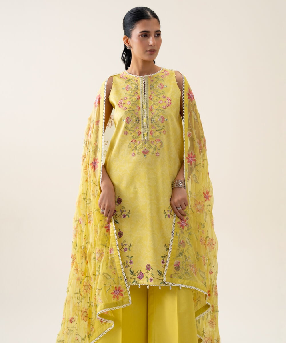 Women's Unstitched Blended Chiffon Printed Muted Olive Green 3 Piece Suit