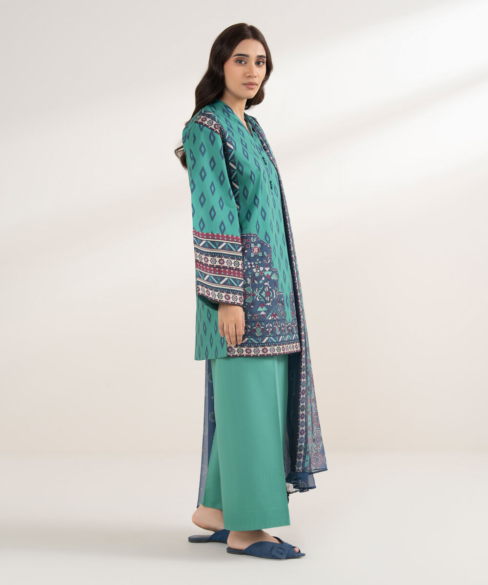 Women's Unstitched Cotton Printed Green 3 Piece Suit