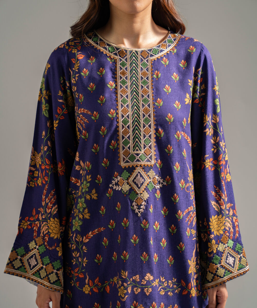 Women's RTW Self Jacquard Embroidered Dark Blue 2 Piece Suit