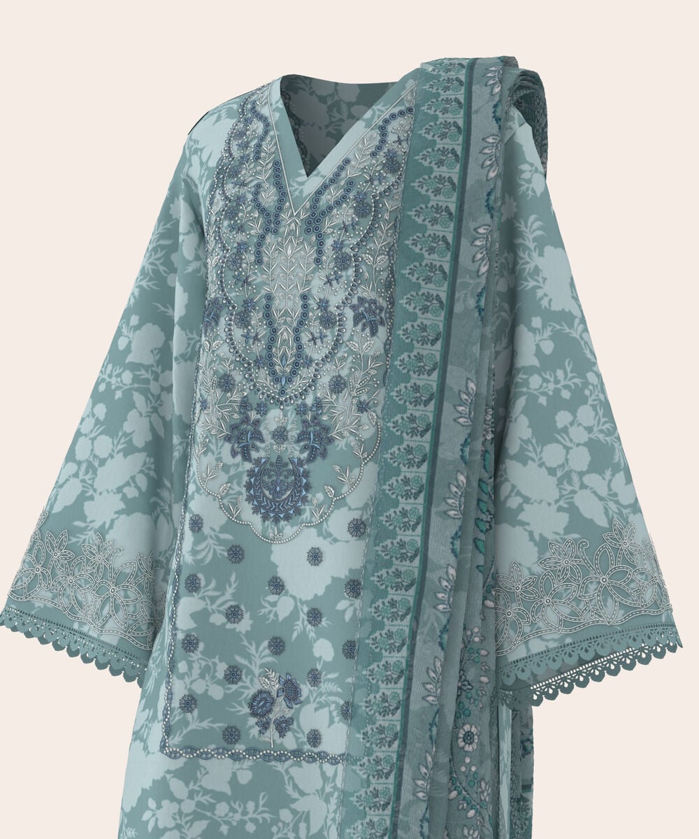 Women's Unstitched Lawn Dusty Teal Embroidered 3 Piece Suit