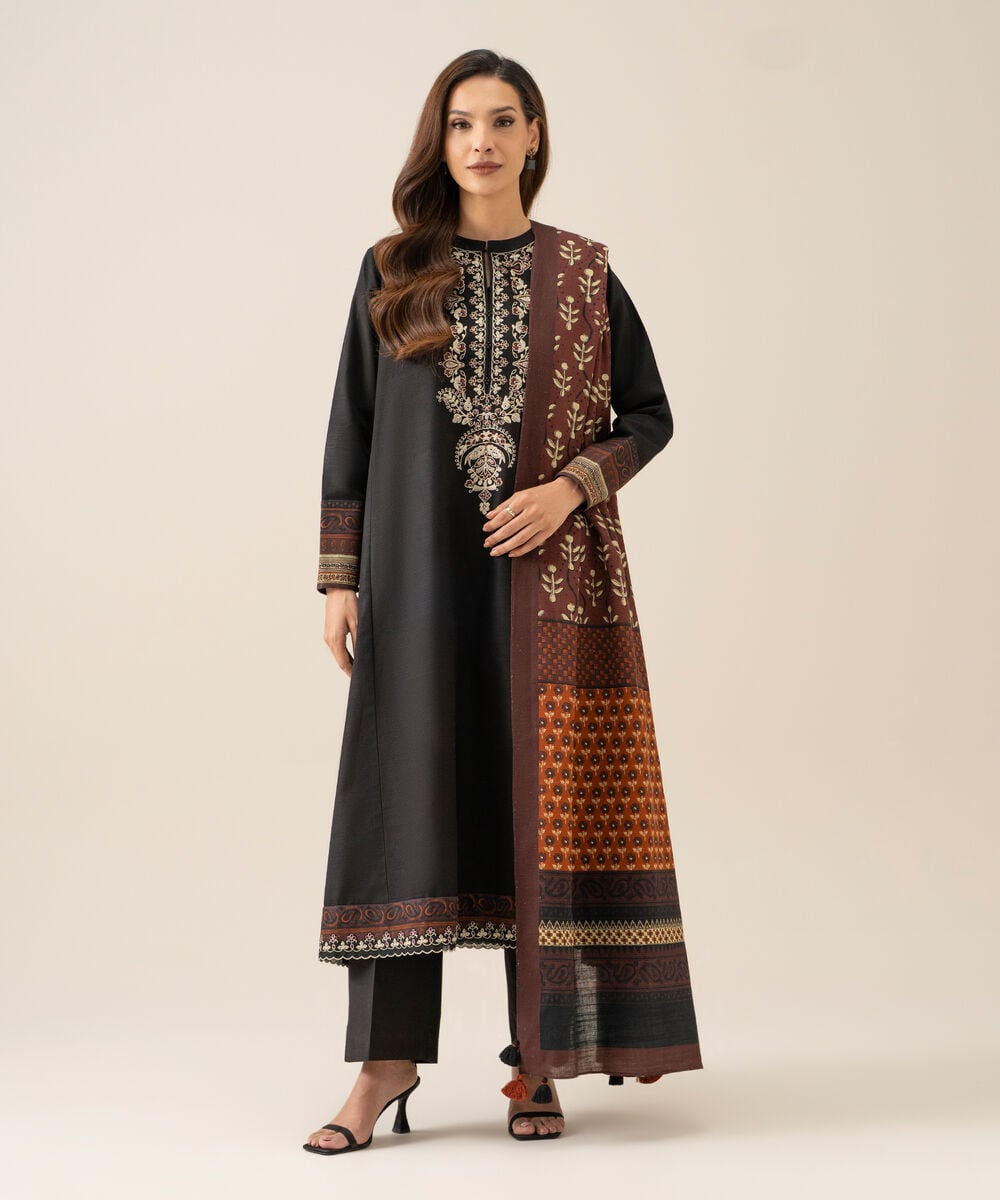Women's Unstitched Light Khaddar Embroidered Black 3 Piece Suit