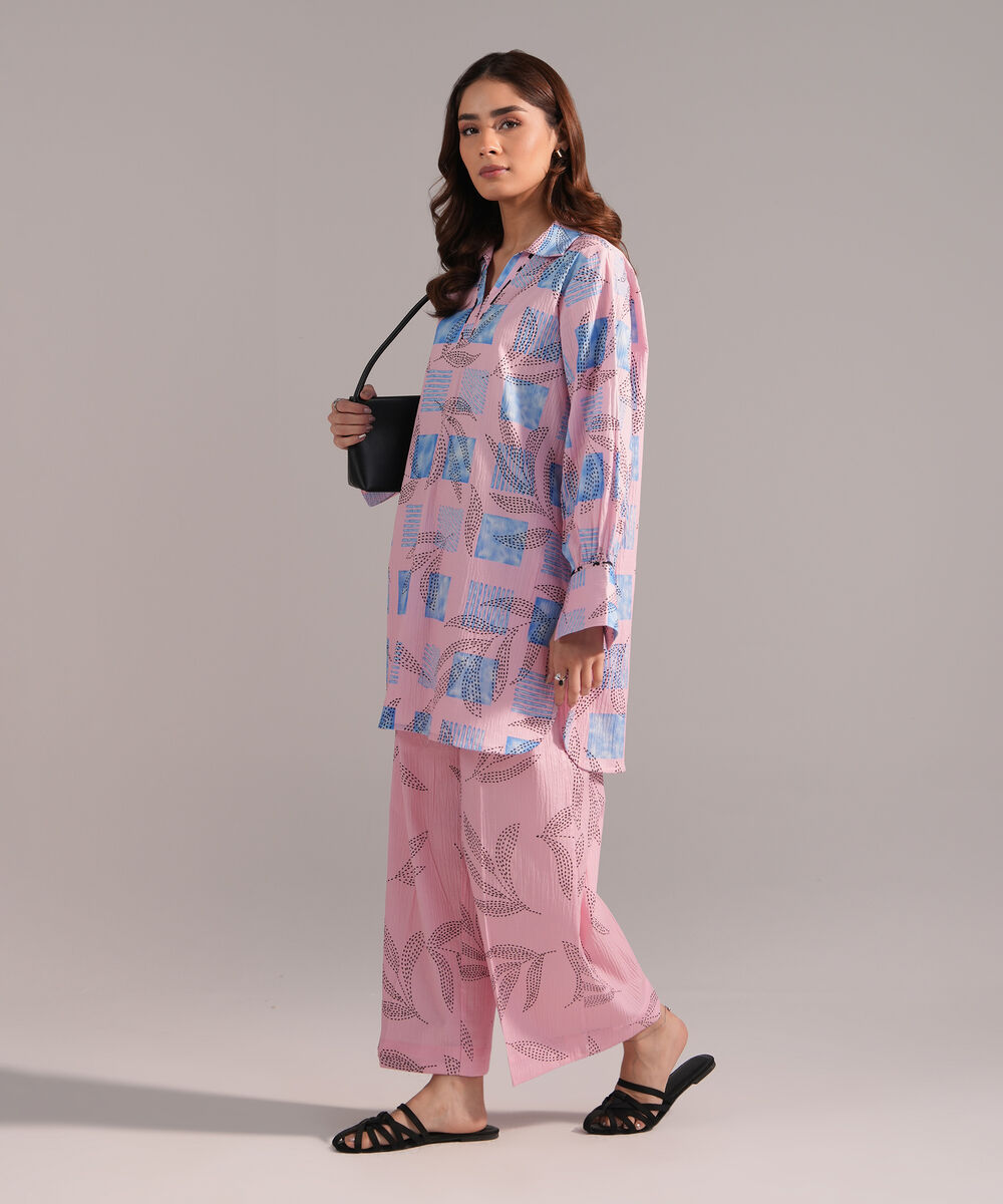 Women's RTW Seersucker Printed Pink Straight Shirt