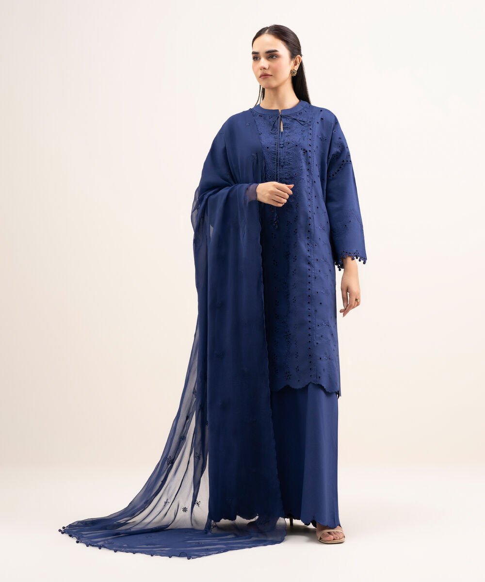 Women's Unstitched Textured Lawn Embroidered Blue 3 Piece Suit