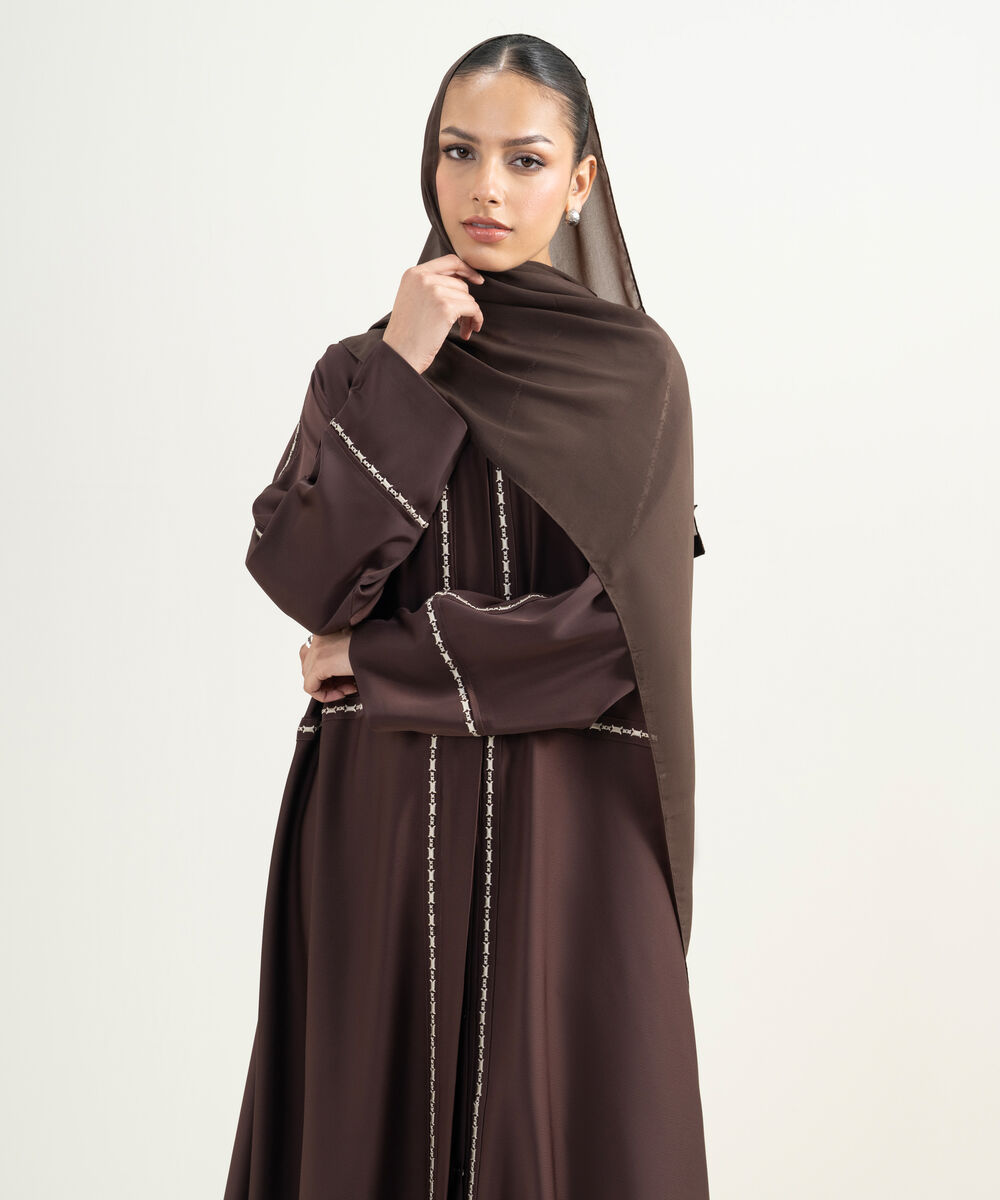 Women's Chocolate Brown Kimono Embroidered Abaya Set