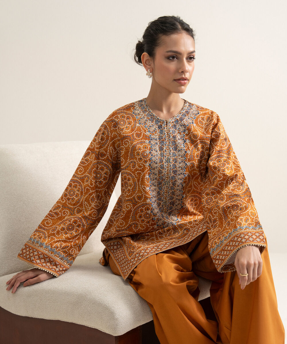 Women's Unstitched Lawn Embroidered Orange 2 Piece Suit