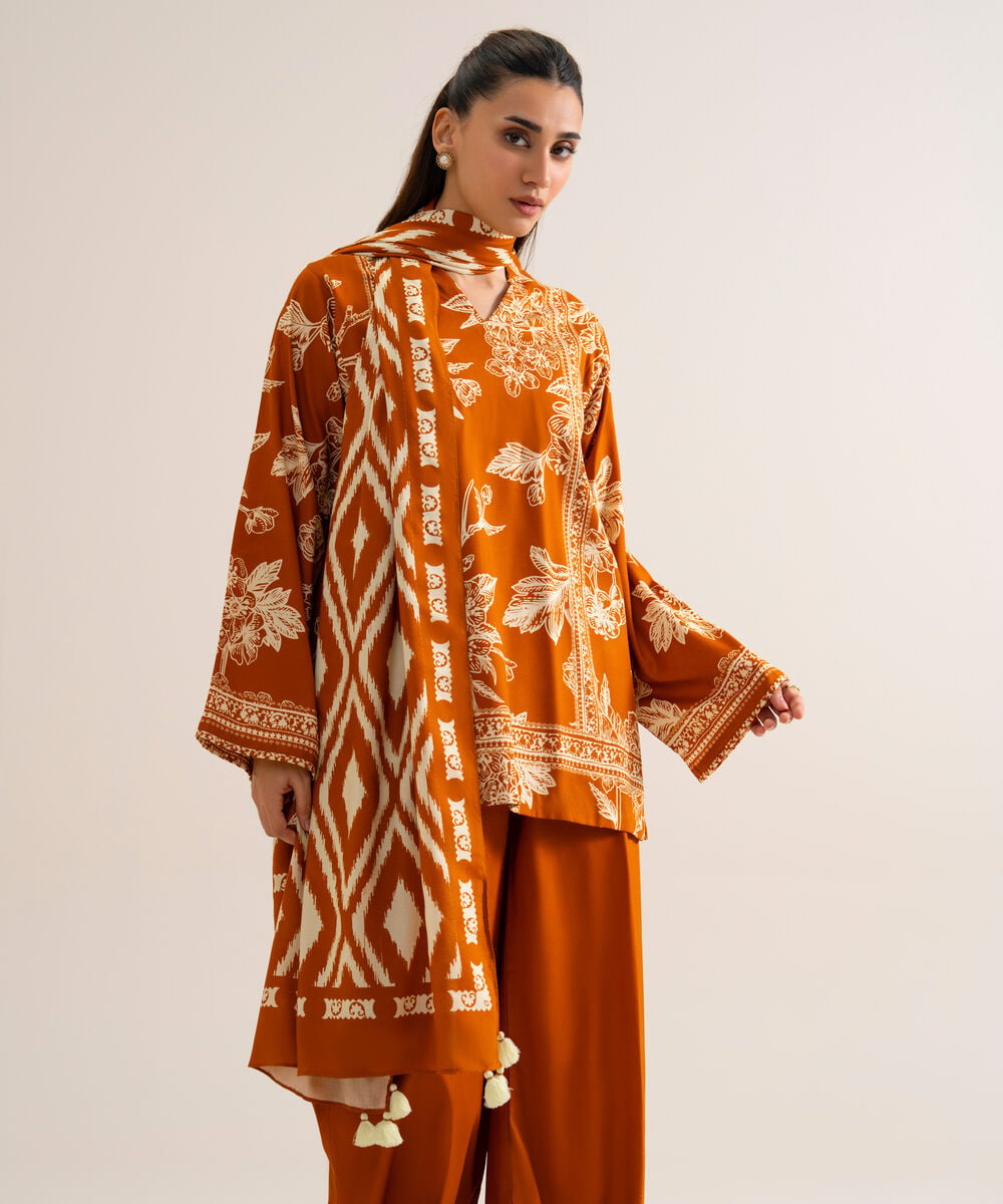 Women's Unstitched Viscose Linen Printed Orange 3 Piece Suit