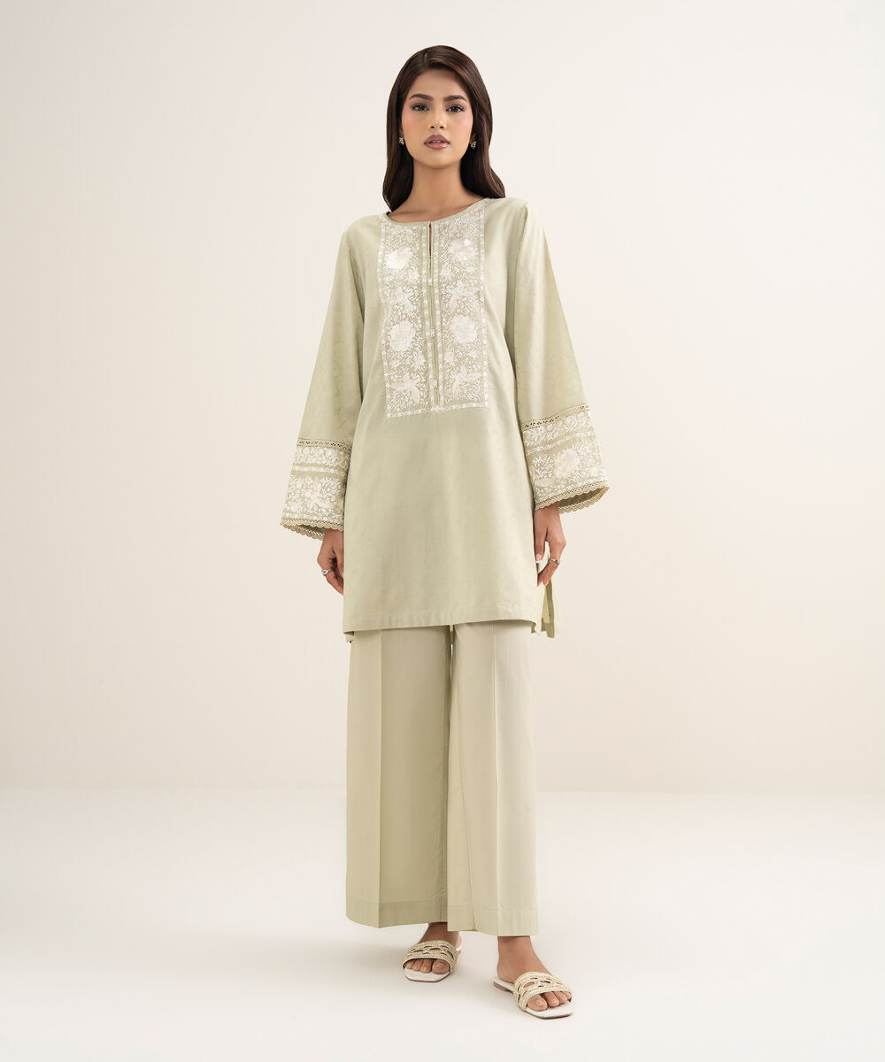 Women's RTW Self Jacquard Embroidered Green Straight Shirt