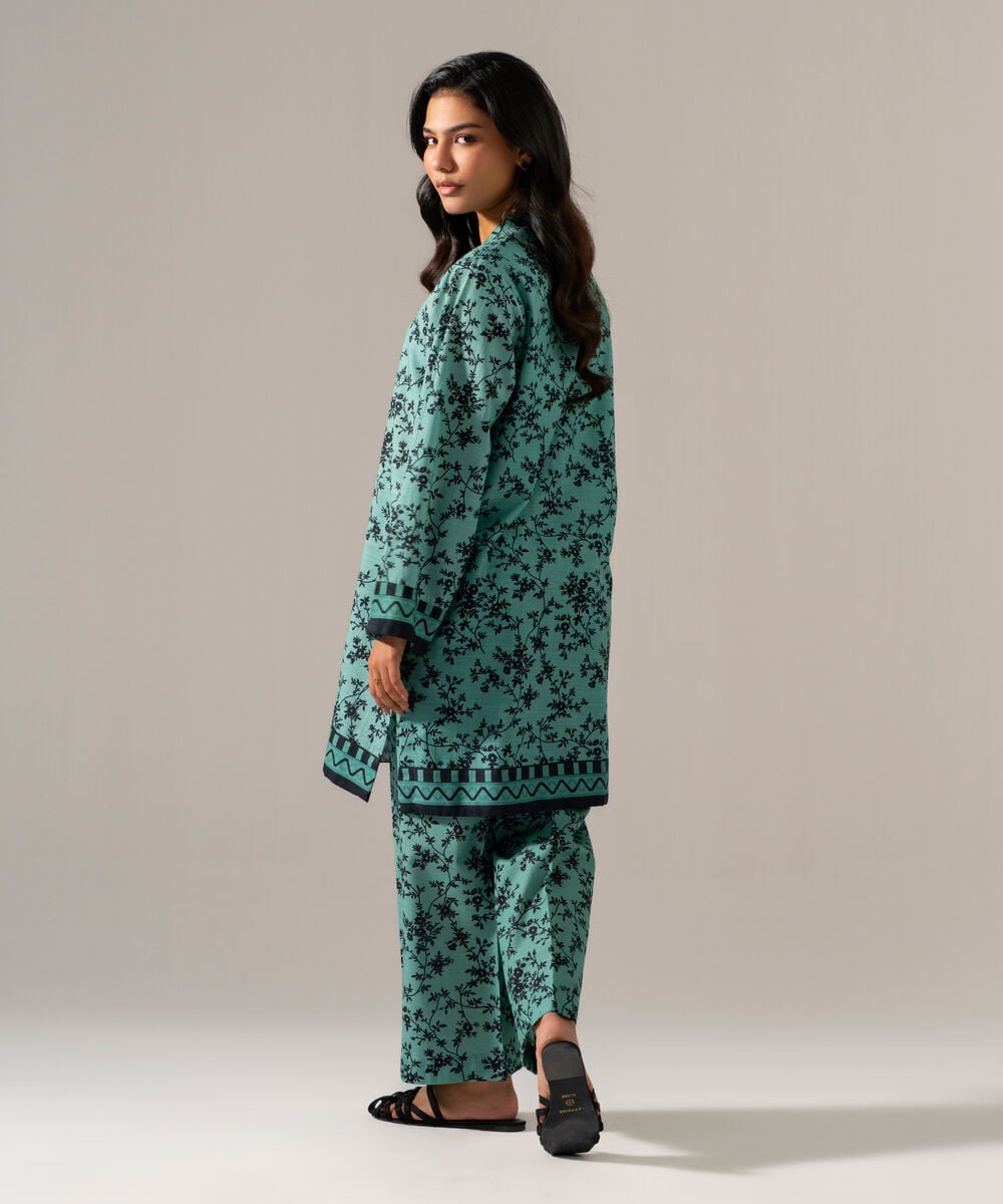 Women's RTW Khaddar Printed Seafoam Green 2 Piece Suit