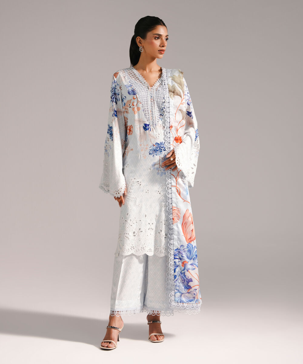 Women's RTW Arabic Self Jacquard Embroidered Light Blue 3 Piece Suit