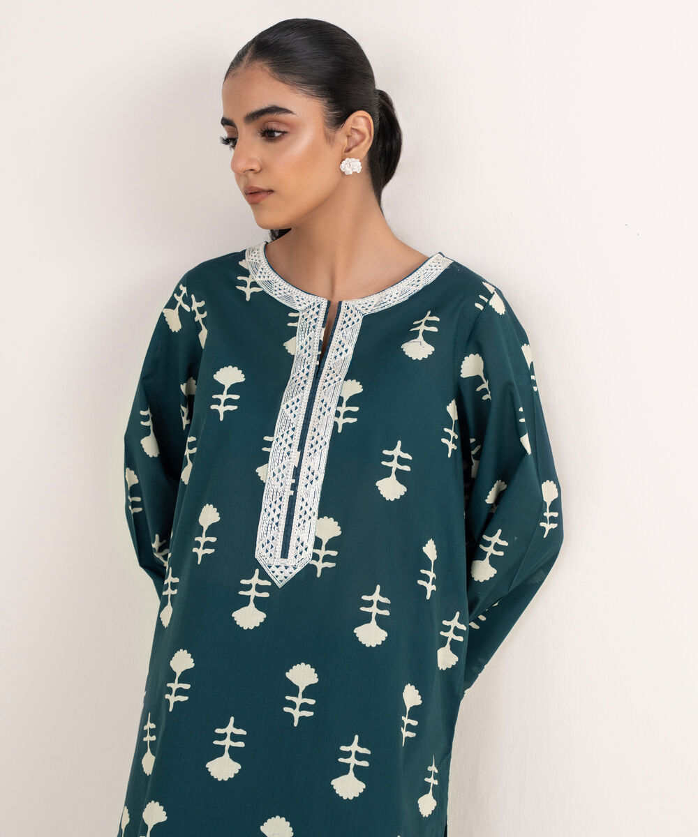 Women's RTW Lawn Green Embroidered Straight Shirt