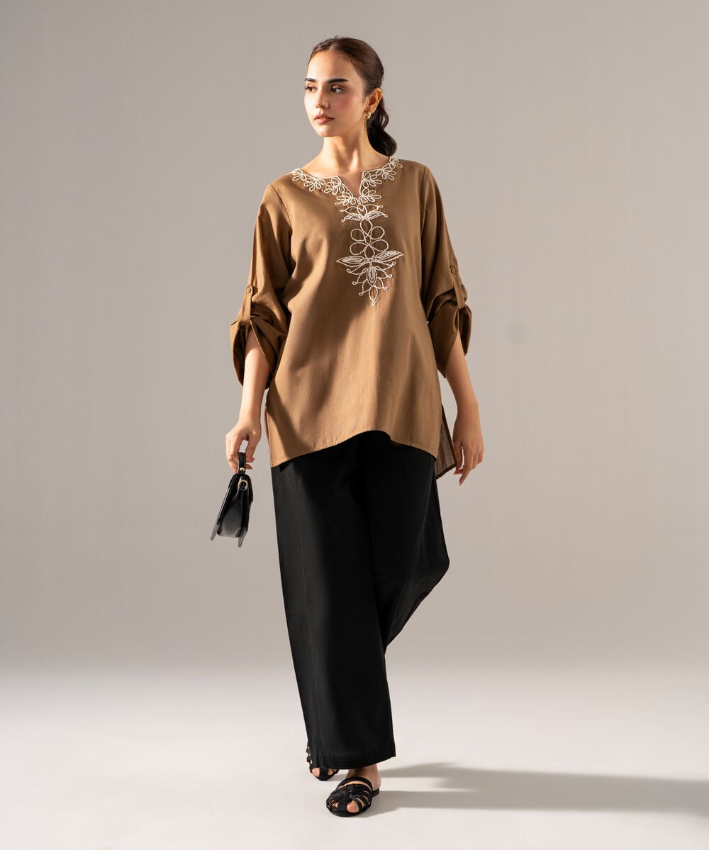 Women's RTW Khaddar Solid Embroidered Olive Green Drop Shoulder Shirt