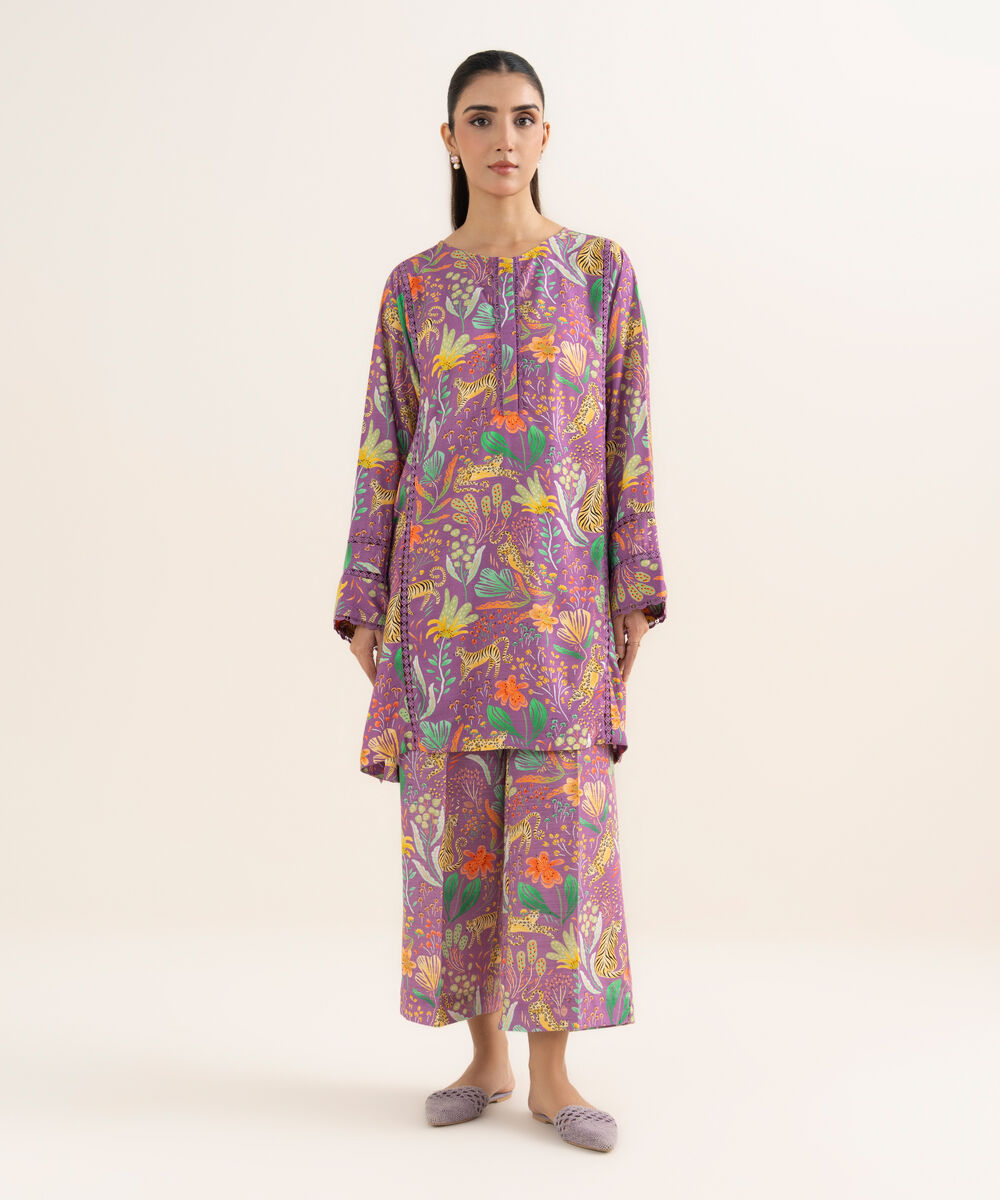 Women's RTW Herringbone Printed Purple Boxy Shirt