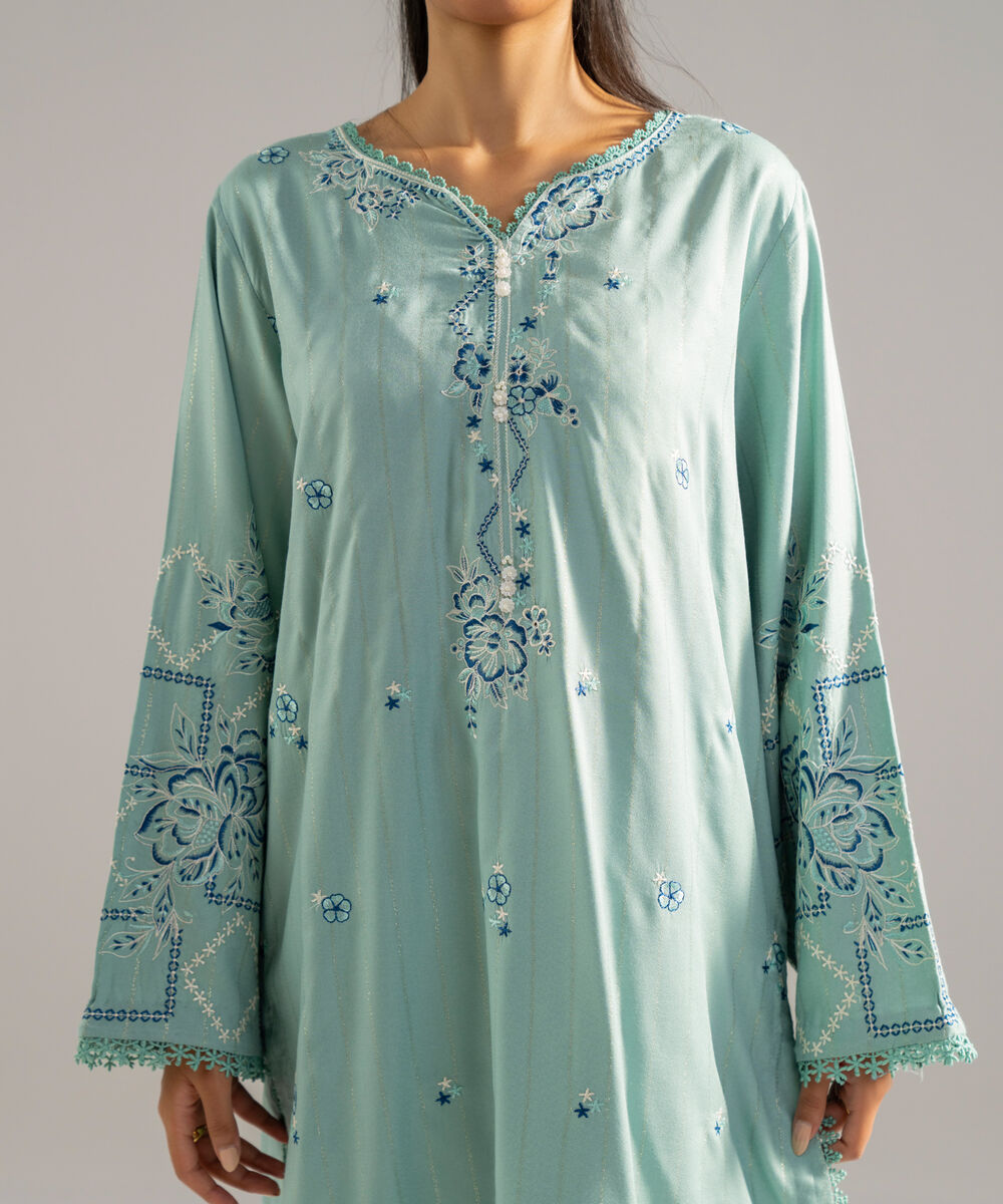 Women's RTW Dobby Crepe Lurix Solid Embroidered Seaform Green Straight Shirt