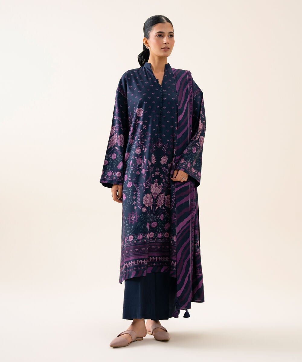 Women's Unstitched Viscose Linen Printed Dark Blue 3 Piece Suit