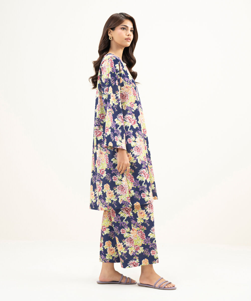 Women's RTW Seersucker Printed Purple Straight Shirt