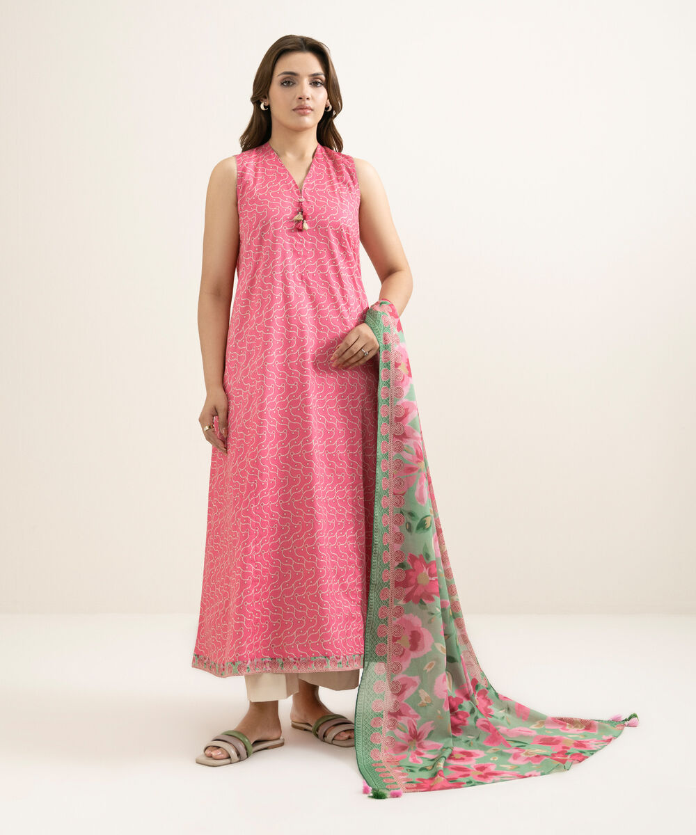 Women's Unstitched Lawn Printed Pink  2 Piece Suit