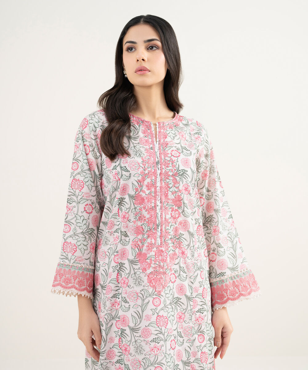 Women's RTW Slub Lawn Embroidered Pink A-Line Shirt