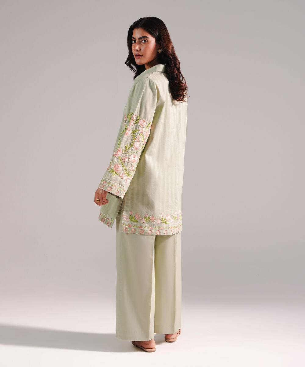 Women's RTW Dobby Embroidered Green 2 Piece Suit