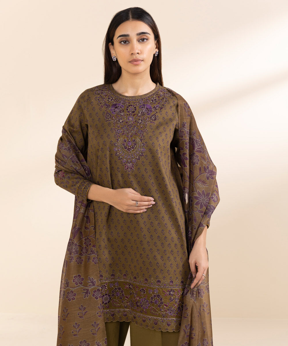 Unstitched Women's Embroidered Cotton Jacquard Brown  Three Piece Suit