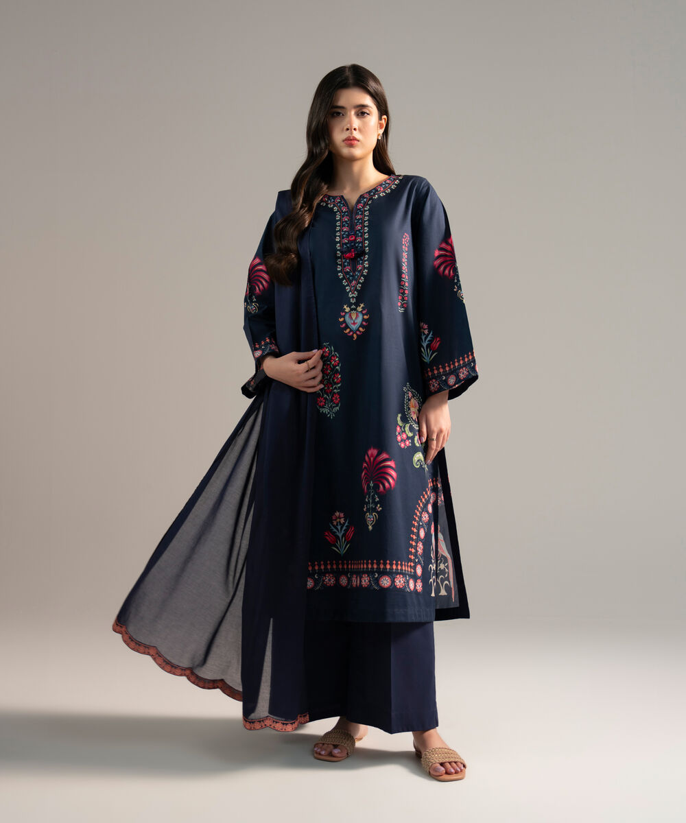 Women's RTW Lawn Printed Dark Blue 3 Piece Suit
