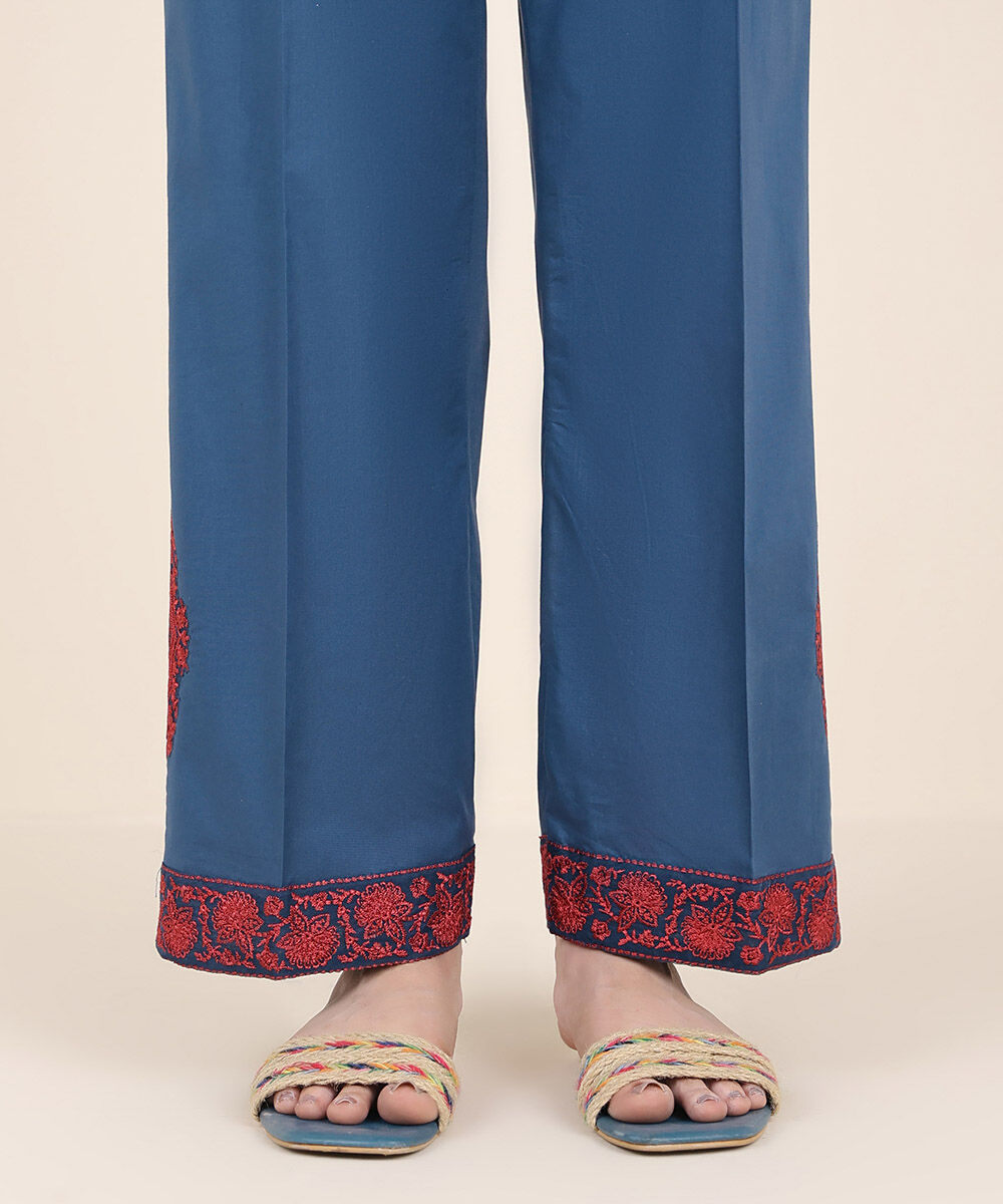 Women's RTW Cambric Blue Embroidered Straight Pants