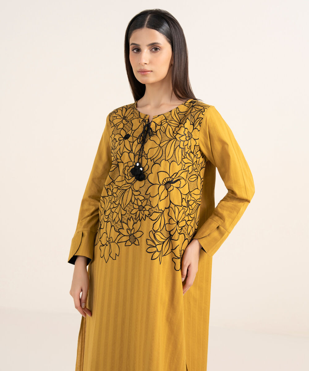 Women's RTW Textured Lawn Mustard Embroidered A-Line Shirt