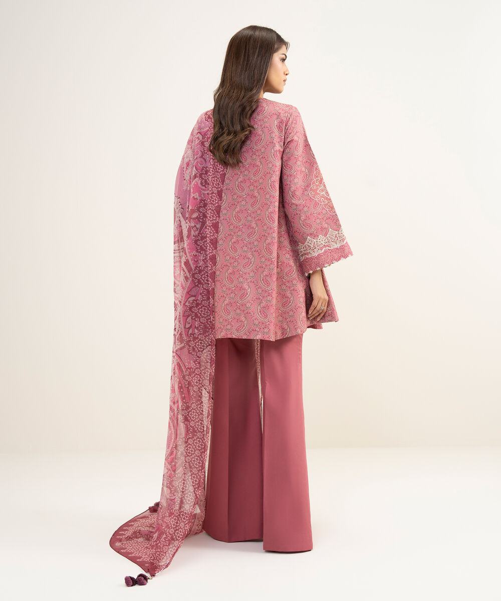 Women's Unstitched Zari Lawn Embroidered Red 3 Piece Suit