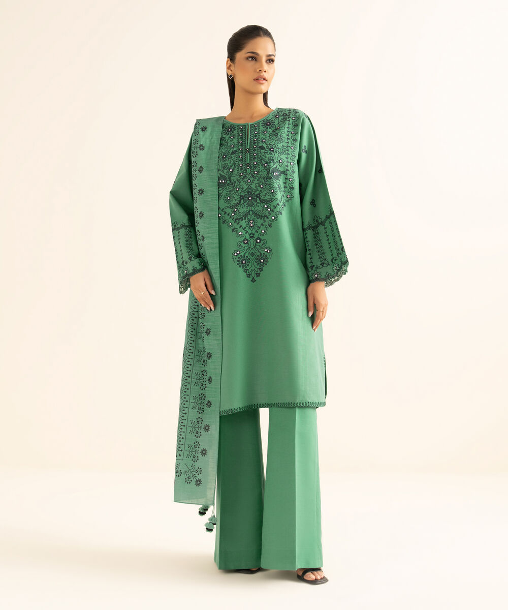 Women's Unstitched Cotton Embroidered Green 3 Piece Suit
