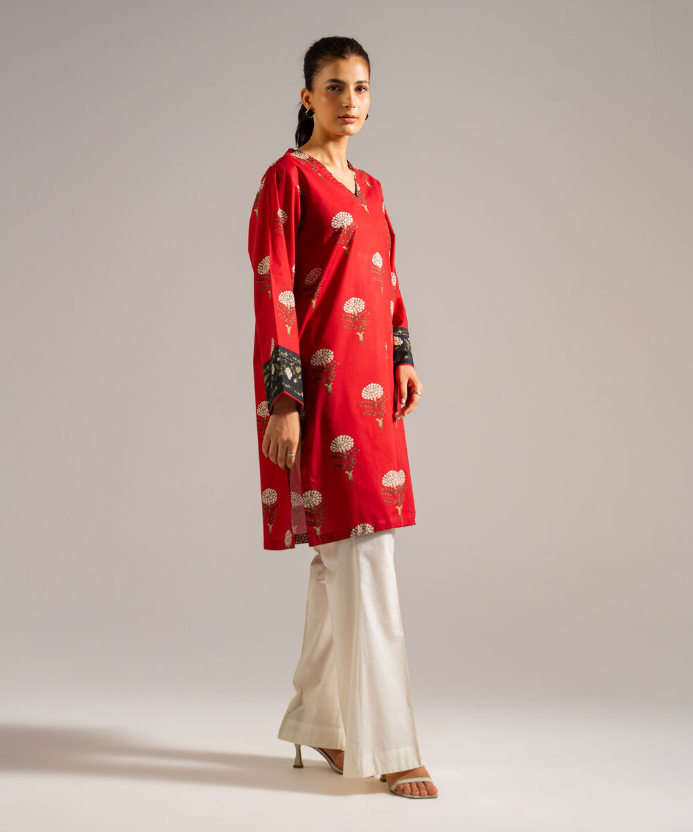Women's RTW Lawn Printed Red Straight Shirt