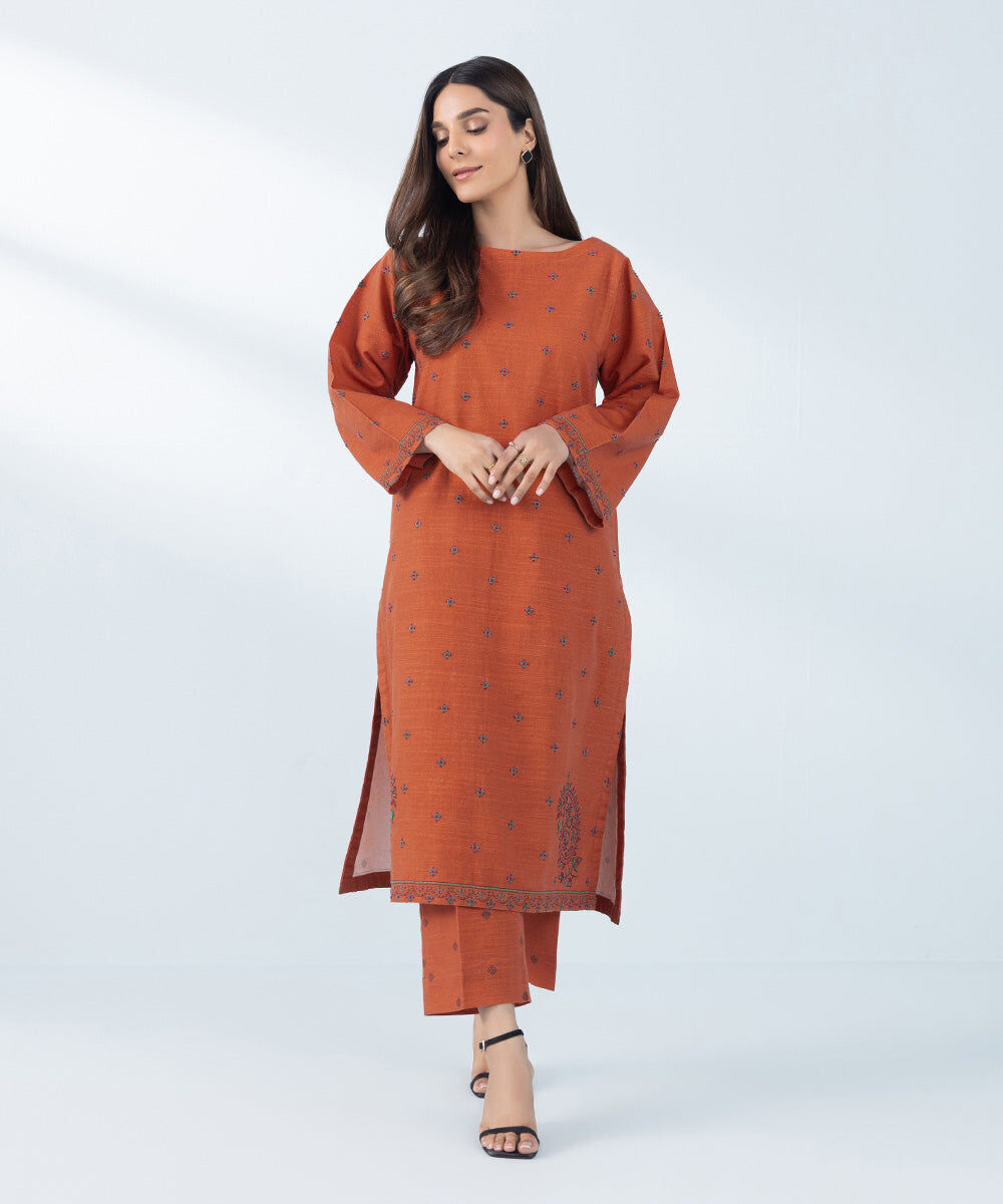 Women's Orange 2 Piece Embroidered Khaddar Suit