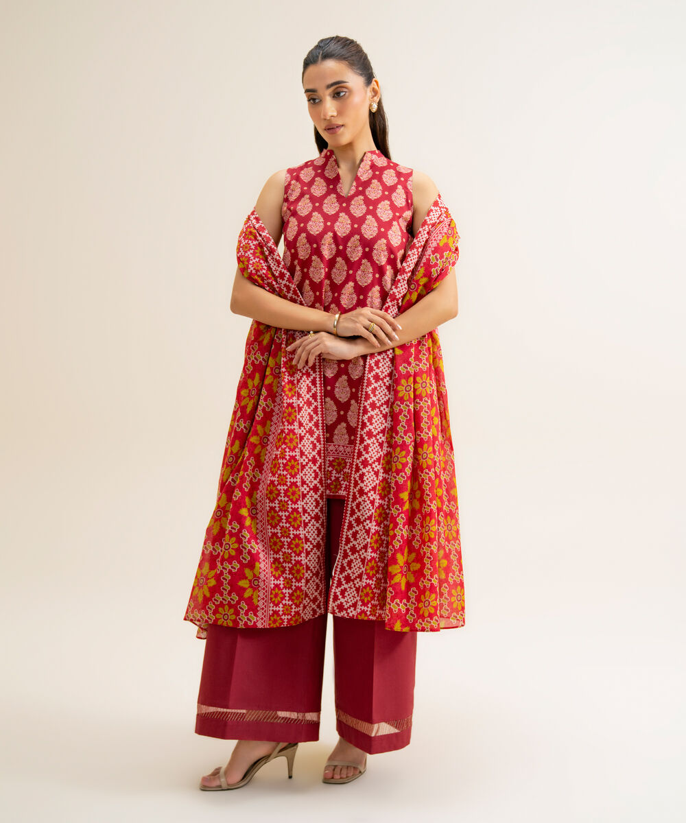 Women's Unstitched Cotton Viscose Printed Red 3 Piece Suit