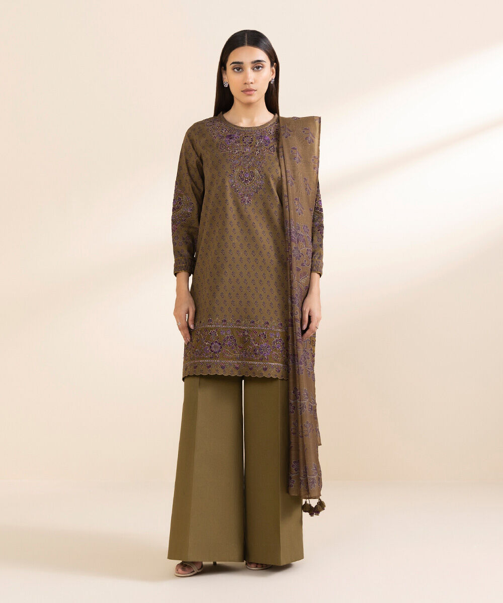 Unstitched Women's Embroidered Cotton Jacquard Brown  Three Piece Suit