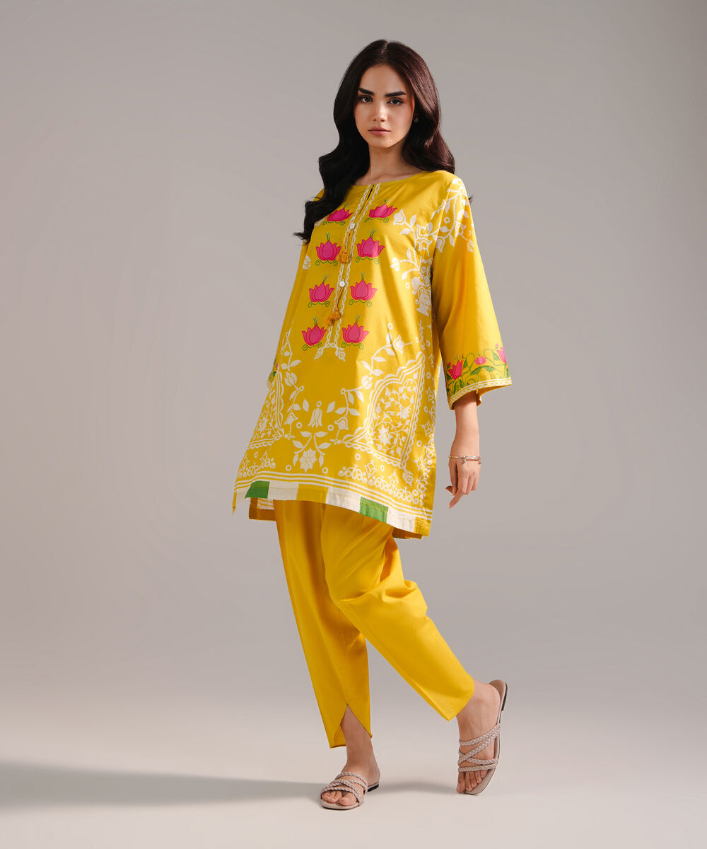 Women's RTW Cambric Printed Yellow Straight Shirt