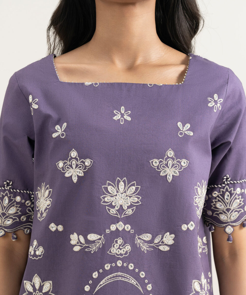 Women's Unstitched Textured Lawn Embroidered Purple 3 Piece Suit