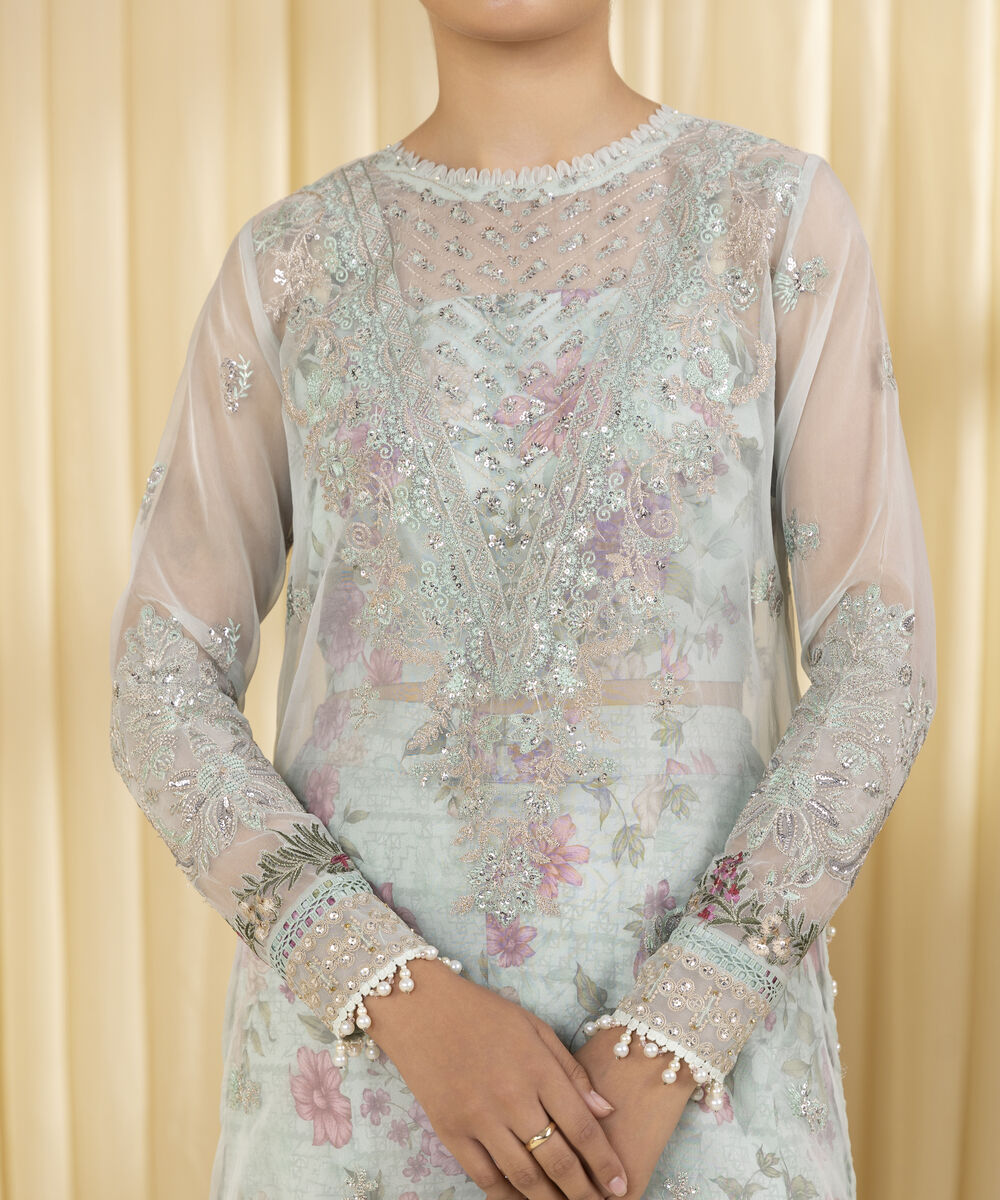 Unstitched Women's Blue Blended Organza 3 Piece Suit