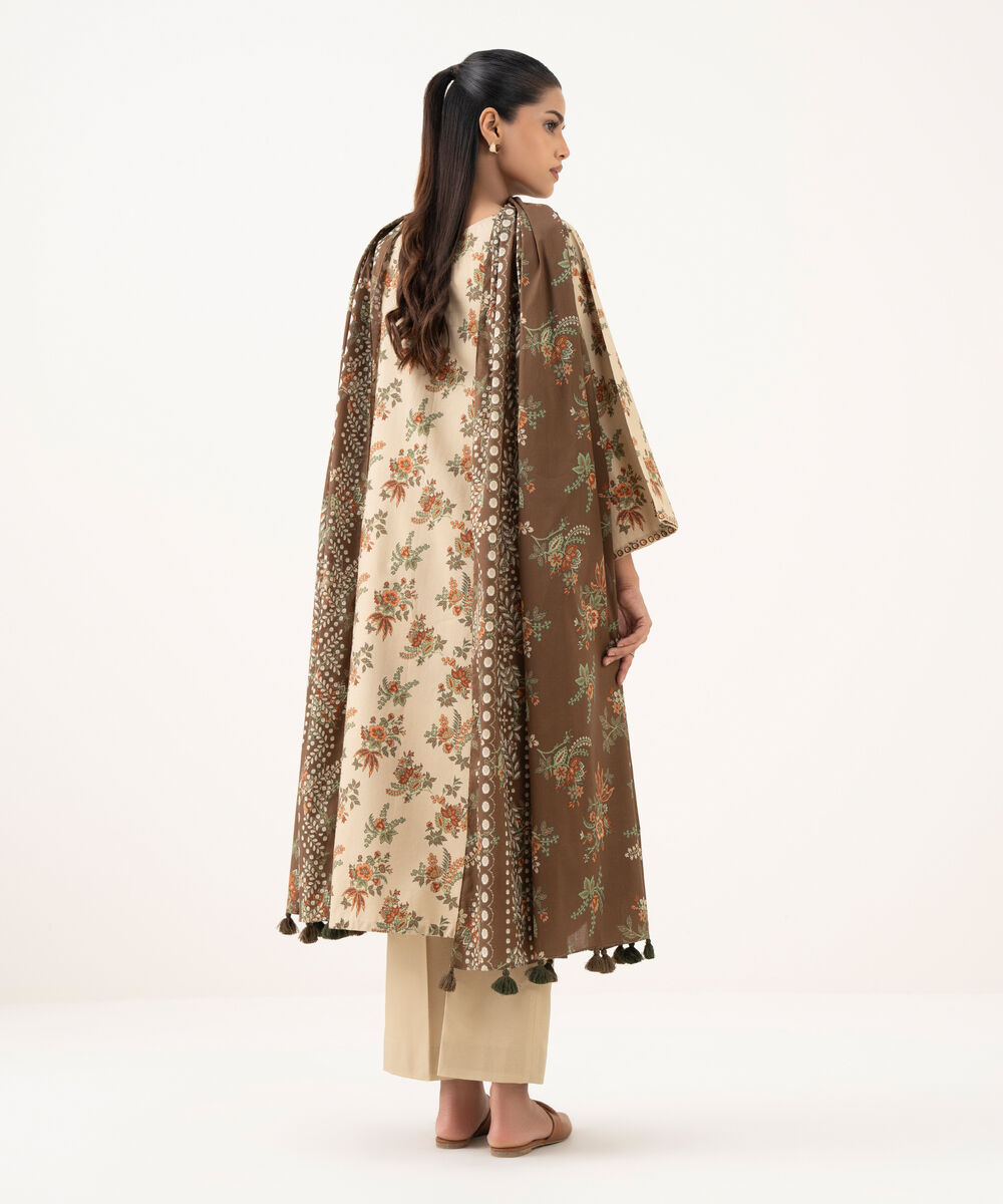 Women's Unstitched Cotton Printed Beige  Three Piece Suit