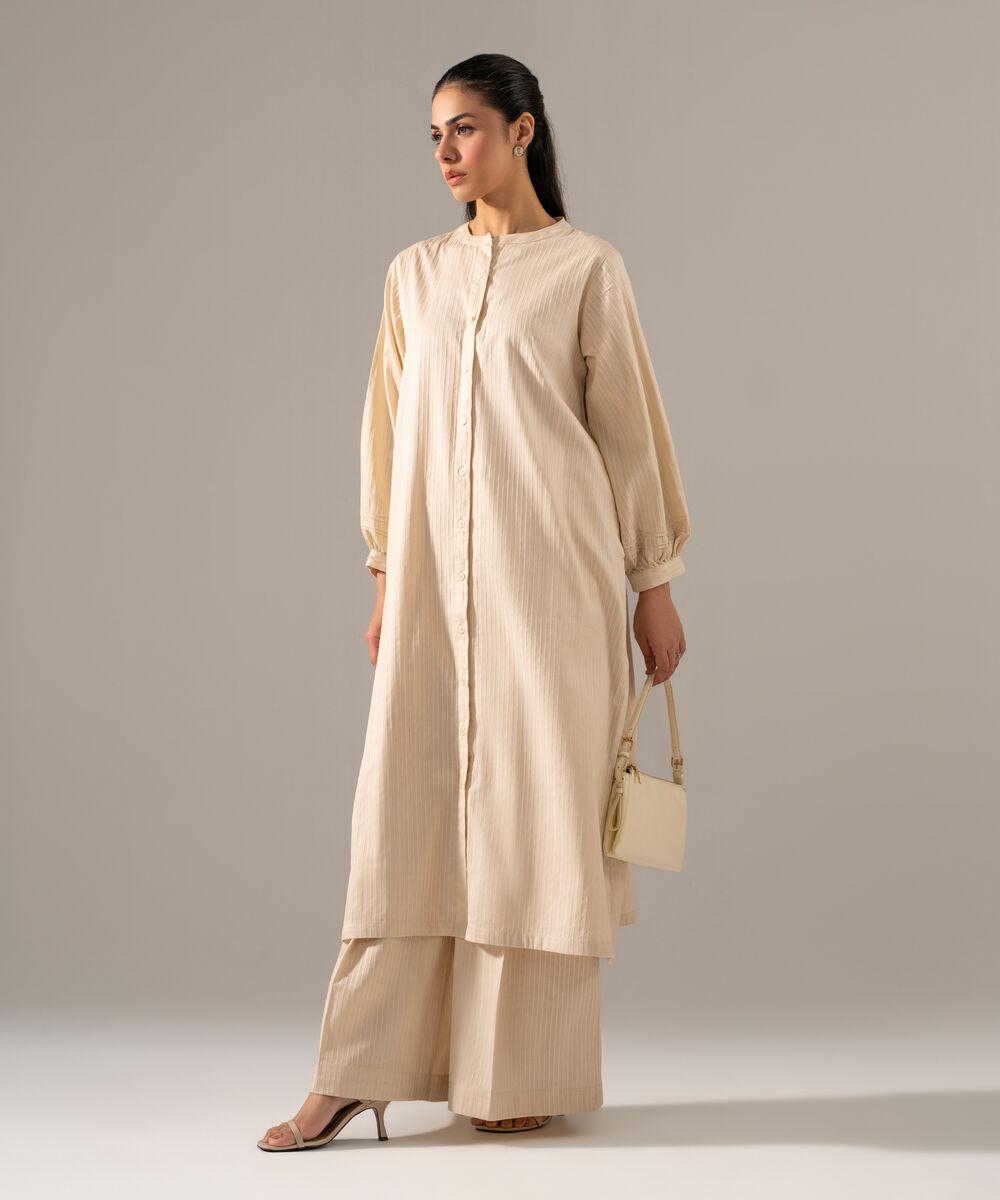 Women's RTW Dobby Strip Solid Off White 2 Piece Suit