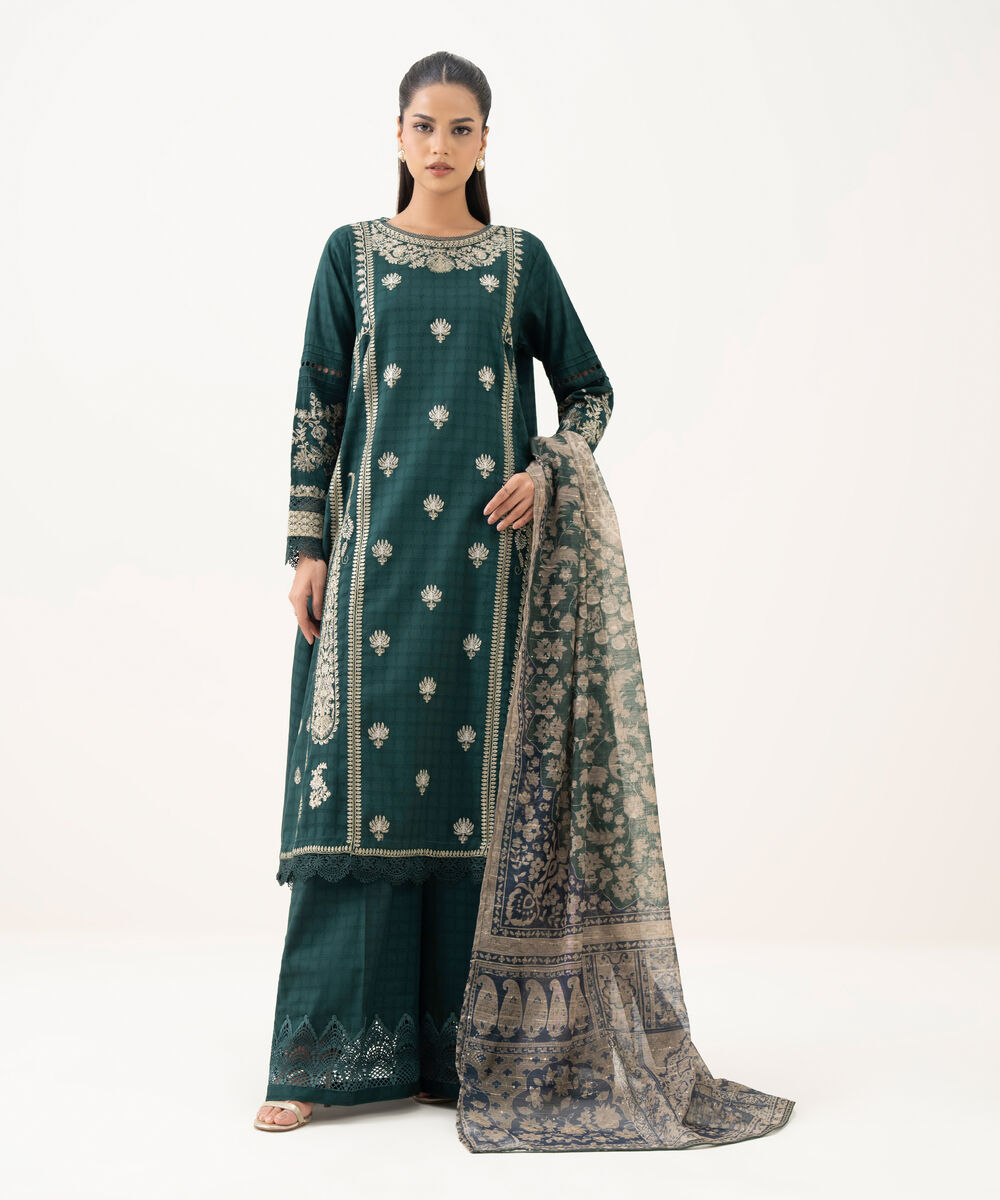 Women's RTW Textured Cotton Green Embroidered A-Line Shirt